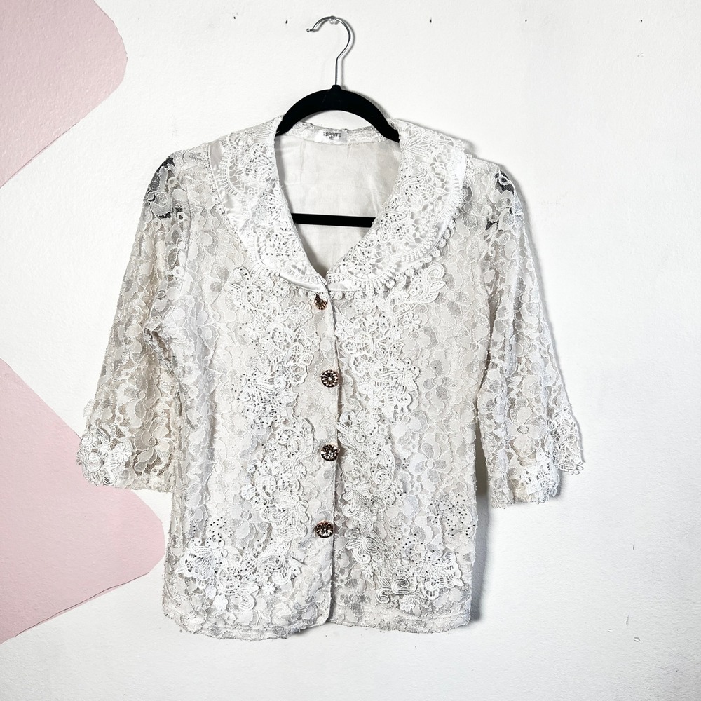 Vintage Esprit White Lace Top Peter Pan Collar‎ Sz Medium Bridal Romantic